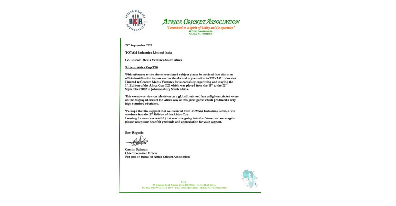 African Cricket Association lauds Toyam Industries Ltd efforts in concluding Africa Cup T20